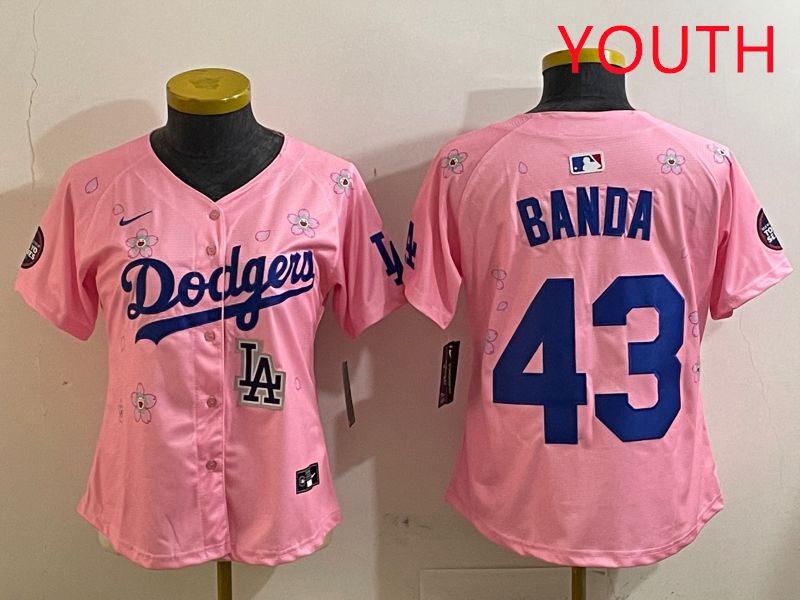 Youth Los Angeles Dodgers 43 Banda Pink White Blue Sakura Edition 2025 Nike MLB Jersey style 10